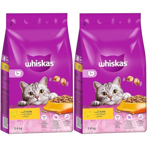 Whiskas Adult 1+ Trockenfutter Huhn, 3,8kg Katzentrockenfutter für Erwachsene Katzen - unterschiedliche Produktverpackungen erhältlich (Packung mit 2) von whiskas