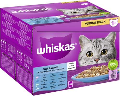 WHISKAS® Multipack Portionsbeutel 1+ Fisch Auswahl 4 Varietäten Lachs, Thunfisch, Kabeljau, Weißfisch in Gelee 24 x 85g von whiskas