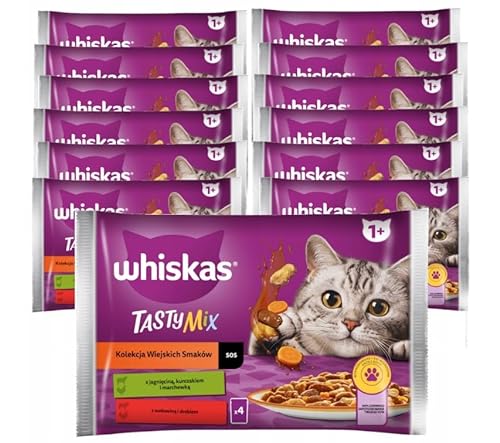 Whiskas Adult Sachet-Kollektion mit ländlichen Aromen – komplettes Nassfutter für Erwachsene Katzen in Soße (Lamm, Huhn, Karotte, Rind und Geflügel), 13 x (4 x 85 g) von whiskas