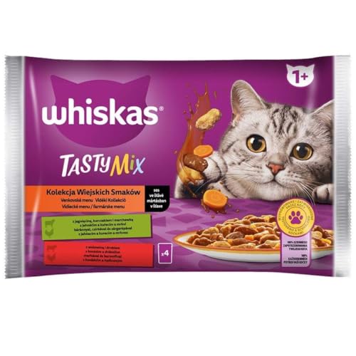 Whiskas Adult Sachet-Kollektion mit ländlichen Aromen – komplettes Nassfutter für Erwachsene Katzen in Soße (Lamm, Huhn, Karotte, Rind und Geflügel), 13 x (4 x 85 g) von whiskas