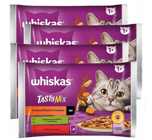 Whiskas Adult Sachet-Kollektion mit ländlichen Aromen – komplettes Nassfutter für Erwachsene Katzen in Soße (Lamm, Huhn, Karotte, Rind und Geflügel), 4 x (4 x 85 g) von whiskas