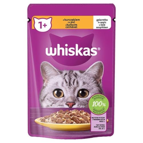 Whiskas Adult Sachet – komplettes Nassfutter für Erwachsene Katzen mit Huhn in Gelee, 2 x (28 x 85 g) von whiskas