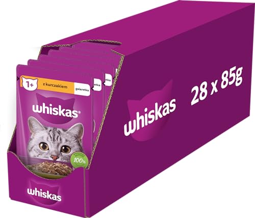 Whiskas Adult Sachet – komplettes Nassfutter für Erwachsene Katzen mit Huhn in Gelee, 28 x 85 g von whiskas