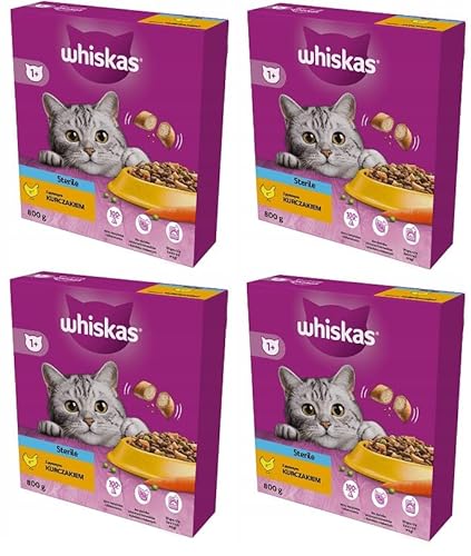 Whiskas Adult Sterile 1+ Trockenfutter mit Huhn im Karton, 4 x 800g (4 Packungen) - Katzentrockenfutter für Erwachsene sterilisierte BZW. kastrierte Katzen von whiskas