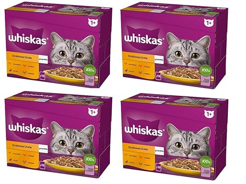 Whiskas 1 + Katzenfutter Geflügel Auswahl in Gelee, 12x85g (4 Packungen) Nassfutter für ausgewachsene Katzen 48 Portionsbeuteln von whiskas