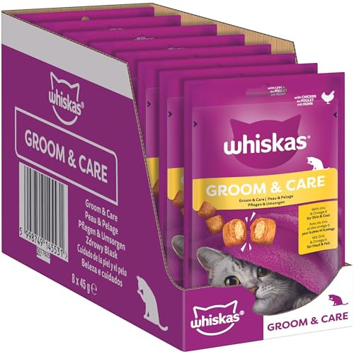 Whiskas Groom & Care Katzensnacks im Portionsbeutel für ausgewachsene Katzen mit Huhn 8x45g von whiskas