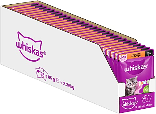 Whiskas Junior Katzenfutter Geflügel in Sauce, 28x85g (1 Packung) – Hochwertiges Nassfutter für heranwachsende Katzen von 2 bis 12 Monaten in 28 Portionsbeuteln von whiskas