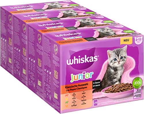 Whiskas Junior Katzennassfutter Klassische Auswahl in Sauce, 48 Portionsbeutel, 12x85g (4er Pack) – Hochwertiges Katzenfutter nass, für heranwachsende Katzen von 2 bis 12 Monaten von whiskas
