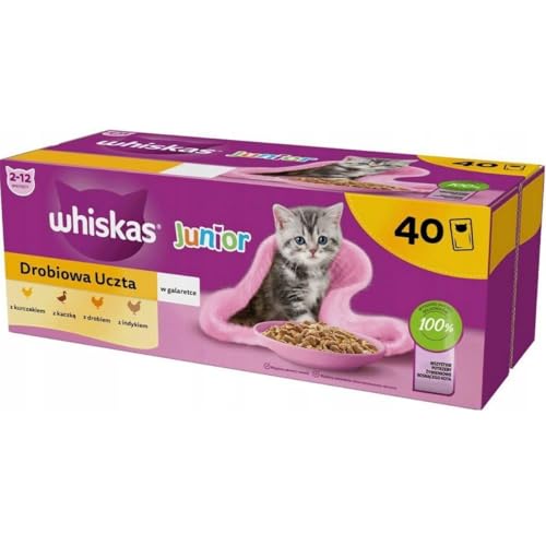 Whiskas Junior Katzennassfutter Geflügel Auswahl in Gelee, 40 Portionsbeutel, 40x85g (1 Großpackung) – Hochwertiges Katzenfutter nass, für heranwachsende Katzen von 2 bis 12 Monaten von whiskas