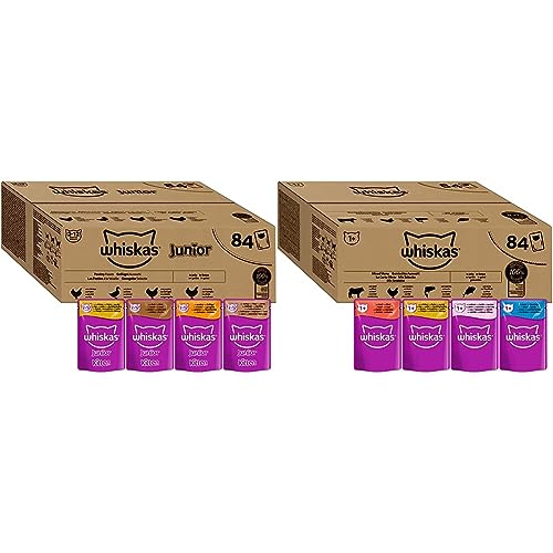 Whiskas Junior Katzennassfutter Geflügel Auswahl in Gelee, 84 Portionsbeutel, 84x85g (1 Großpackung) & Adult 1+ Katzennassfutter Gemischte Auswahl in Gelee von whiskas