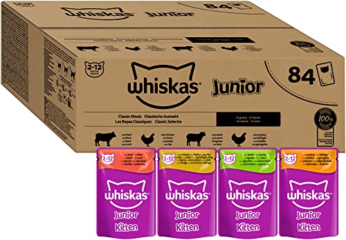 Whiskas Junior Katzennassfutter Klassische Auswahl in Sauce, 84 Portionsbeutel, 84x85g (1 Großpackung) – Hochwertiges Katzenfutter nass, für heranwachsende Katzen von 2 bis 12 Monaten von whiskas
