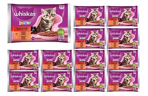 Whiskas Junior Katzennassfutter Klassische Auswahl in Sauce mit Rindfleisch und Huhn, 52 Portionsbeutel, 13x4x85g – Hochwertiges Katzenfutter nass, für heranwachsende Katzen von 2 bis 12 Monaten von whiskas