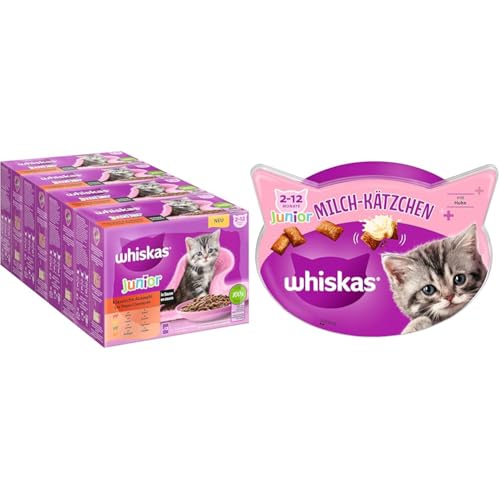 Whiskas Junior Nassfutter Klassische Auswahl in Sauce, 48x85g, für Katzen von 2-12 Monaten + Whiskas Junior Milch Katzensnacks, 6x55g Whiskas Junior Nassfutter Klassische Auswahl in Sauce, 48x85g, für Katzen von 2-12 Monaten + Whiskas Junior Milch Katzensnacks, 6x55g von whiskas
