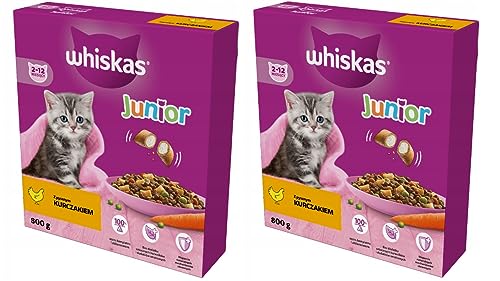 Whiskas Junior Trockenfutter Huhn, 2 x 0,8kg (2 Packungen) im Karton - Trockenfutter für heranwachsende Katzen - Extra kleine Kibbles für Kätzchen (2-12 Monate) von whiskas