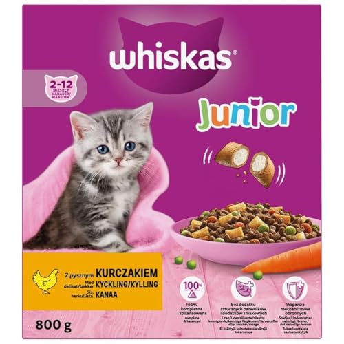 Whiskas Junior Trockenfutter Huhn, 2 x 0,8kg (2 Packungen) im Karton - Trockenfutter für heranwachsende Katzen - Extra kleine Kibbles für Kätzchen (2-12 Monate) von whiskas