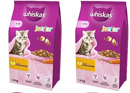 Whiskas Junior Trockenfutter Huhn, 2x1,4kg (2 Packungen) - Trockenfutter für heranwachsende Katzen - Extra kleine Kibbles für Kätzchen (2-12 Monate) - unterschiedliche Produktverpackungen erhältlich von whiskas