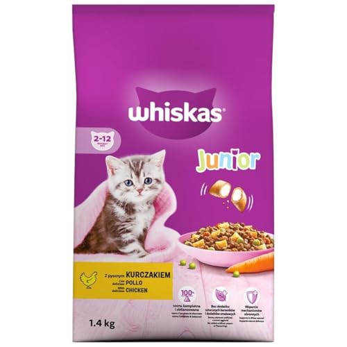 Whiskas Junior Trockenfutter Huhn, 2x1,4kg (2 Packungen) - Trockenfutter für heranwachsende Katzen - Extra kleine Kibbles für Kätzchen (2-12 Monate) - unterschiedliche Produktverpackungen erhältlich von whiskas