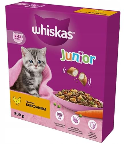 Whiskas Junior Trockenfutter Huhn, 5 x 0,8kg (5 Packungen) im Karton - Trockenfutter für heranwachsende Katzen - Extra kleine Kibbles für Kätzchen (2-12 Monate) von whiskas
