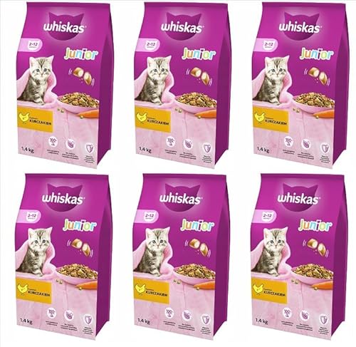 Whiskas Junior Trockenfutter Huhn, 6x1,4kg (6 Packungen) - Trockenfutter für heranwachsende Katzen - Extra kleine Kibbles für Kätzchen (2-12 Monate) - unterschiedliche Produktverpackungen erhältlich von whiskas