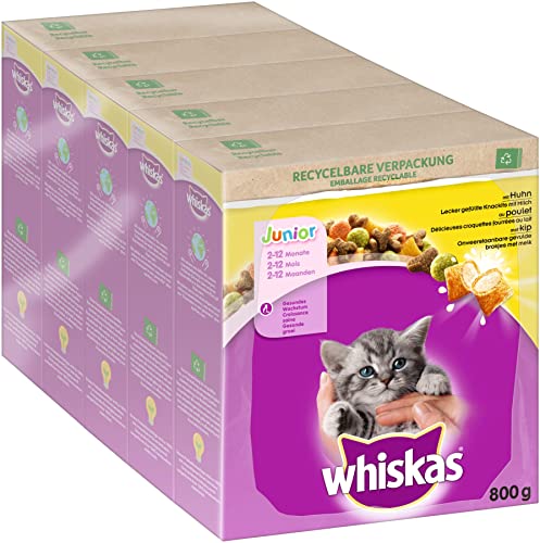 Whiskas Junior Trockenfutter Huhn, 5x800g (5 Packungen) - für heranwachsende Katzen - Extra kleine Kibbles für Kätzchen (2-12 Monate) - unterschiedliche Produktverpackungen erhältlich von whiskas