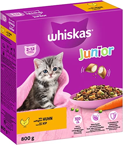 Whiskas Junior Trockenfutter Huhn, 5x800g (5 Packungen) - für heranwachsende Katzen - Extra kleine Kibbles für Kätzchen (2-12 Monate) - unterschiedliche Produktverpackungen erhältlich von whiskas