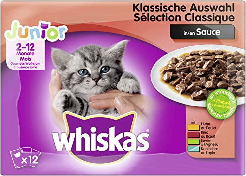 Whiskas Katzenfutter Junior – Klassische Auswahl in Sauce – Ausgewogenes Feuchtfutter für heranwachsende Katzen – 48 Beutel à 100g von whiskas