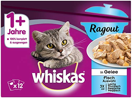 Whiskas Katzenfutter Nassfutter Ragout Adult 1+ Fischauswahl in Gelee, 12 Portionsbeutel (12 x 85g) von whiskas