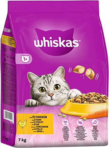 Whiskas Adult 1+ Katzentrockenfutter mit Huhn, 7kg (1 Beutel) – Hochwertiges Trockenfutter für ausgewachsene Katzen ab 1 Jahr von whiskas