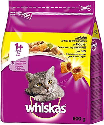 Whiskas Katzenfutter Trockenfutter Adult 1+ mit Huhn, 5 Beutel (5 x 800g) von whiskas