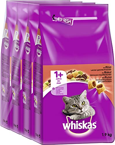 Whiskas Katzenfutter Trockenfutter Adult 1+ mit Rind, 6 Beutel (6 x 1,9kg) von whiskas
