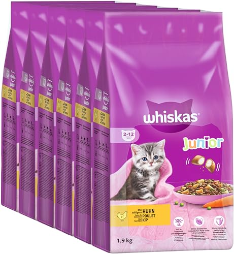 Whiskas Junior Katzentrockenfutter mit Huhn, 6 Beutel, 6x1,9kg – Trockenfutter für heranwachsende Katzen, kleine Kibbles für Kätzchen von 2-12 Monaten- unterschiedliche Produktverpackungen erhältlich von whiskas