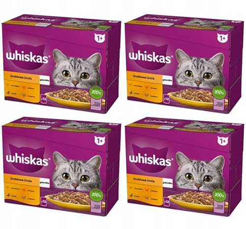Whiskas Katzenfutter nass Geflügel Auswahl in Gelee 48 Portionsbeutel à 85g (4-er Pack) von whiskas