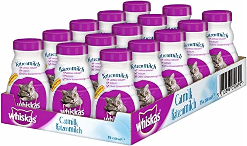 Whiskas Katzenmilch für Kätzchen ab 6 Wochen, 15 Flaschen, 15x200ml – Leckerer Snack für eine glückliche Katze, laktosereduziert und leicht verdaulich von whiskas