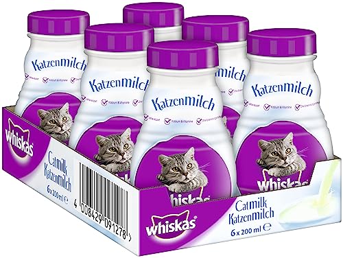 Whiskas Katzenmilch für Katzen ab 6 Wochen – Leckerer Snack für eine glückliche Katze – Laktosefrei und leicht verdaulich – Vorratspack mit 6 Flaschen à 200ml von whiskas