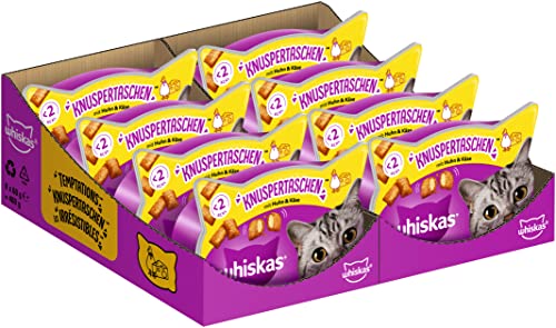 Whiskas Knuspertaschen Katzensnack mit Huhn- und Käsegeschmack, 8x60g (8 Packungen) - unterschiedliche Produktverpackungen erhältlich von whiskas