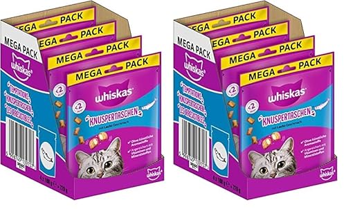 Whiskas Knuspertaschen Katzensnacks mit Lachsgeschmack, 4x180g (8 Packungen) - unterschiedliche Produktverpackungen erhältlich von whiskas