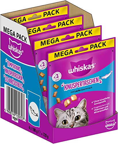 Whiskas Knuspertaschen Katzensnacks mit Lachsgeschmack, 4x180g (4 Packungen) - unterschiedliche Produktverpackungen erhältlich von whiskas