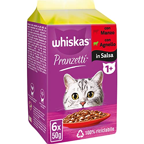 Whiskas Mittagessen Fleisch gemischt ab 1 Jahr Erwachsene, Nassfutter für Katzen, 12 Packungen à 50 g, insgesamt 72 Stück von whiskas