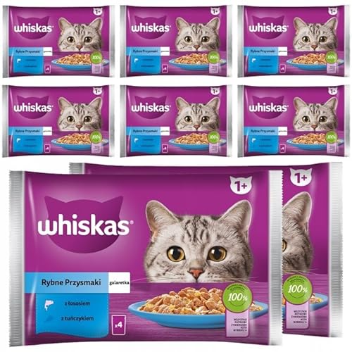 Whiskas Nassfutter Adult 1+ Fisch-Auswahl in Gelee mit Lachs und Thunfisch, 32 Portionsbeutel à 85g (8x4x85g), Hochwertiges Nassfutter für ausgewachsene Katzen von whiskas