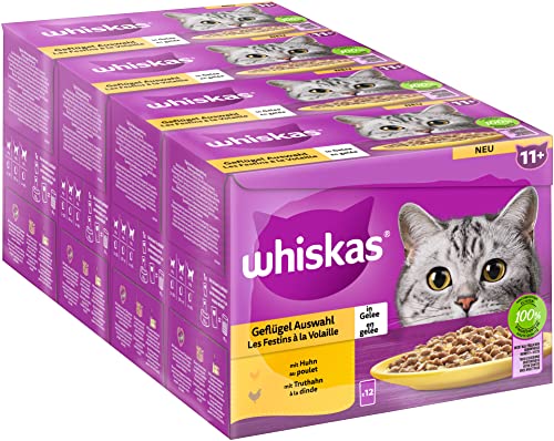 Whiskas Senior 11+ Katzennassfutter Geflügel Auswahl in Gelee, 48 Portionsbeutel, 12x85g (4er Pack) – Hochwertiges Katzenfutter nass, für Katzen ab dem 11. Lebensjahr von whiskas