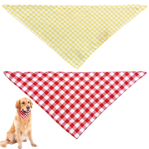wilcractk Hundehalstuch, 2er Set Halstuch Hund mit Gelbem & Rot-Weiß Kariertem Design, Weiches Hunde Bandana aus Baumwollmischung, für Kleine Hunde & Katzen bis 15 kg, Ideal zu Weihnachten & Alltag von wilcractk