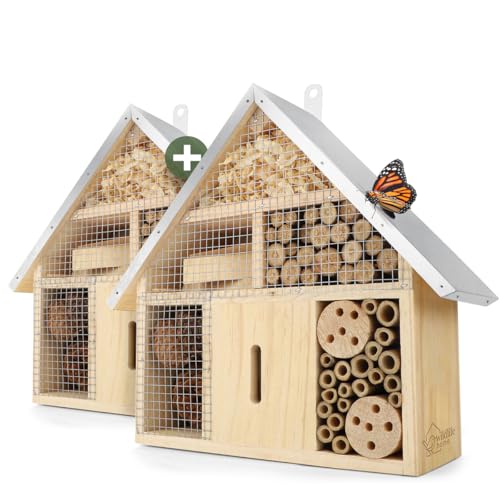 WILDLIFE HOME Insektenhotel 2 Stück I Naturbelassen & Wetterfest, Insektenhaus aus Naturholz für Bienen, Wildbienen, Marienkäfer & Schmetterlinge, Bienenhotel & Nisthilfe zum Aufhängen, 2er Set von wildlife home