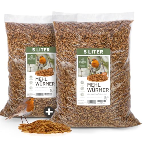 wildtier liebe Edel Mehlwürmer getrocknet 2 x 5L I Getrocknete Mehlwürmer für Vögel & Igel I Insektensnack, Vogelfutter, Igelfutter - Premium Insektenfutter für Wildvögel, 2er Set von wildtier liebe