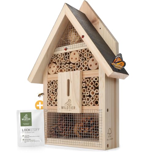 wildtier liebe Insektenhotel Groß, Bienenhotel unbehandelt inkl. Lockstoff I Geschraubtes Massivholz, Insektenhaus für Bienen, Marienkäfer & Schmetterlinge, Bienenhotel von wildtier liebe