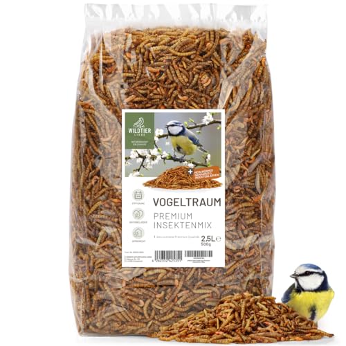 wildtier liebe Vogeltraum Premium Insektenmix 2,5 Liter I Getrocknete Mehlwürmer, Insektenlarven & Gamarus für Vögel I Mehlwürmer getrocknet, Vogelfutter I Insektenfutter für Wildvögel, Gartenvögel von wildtier liebe