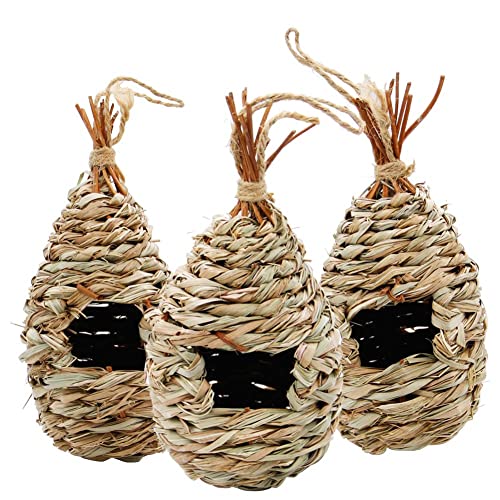 winemana Handgewebtes Kolibrihaus, 3er Set Vogelhütte 22,9 x 10,2 cm, Außengras hängende Vogelhütte, natürliches Kolibri-Nest für den Außenbereich von winemana