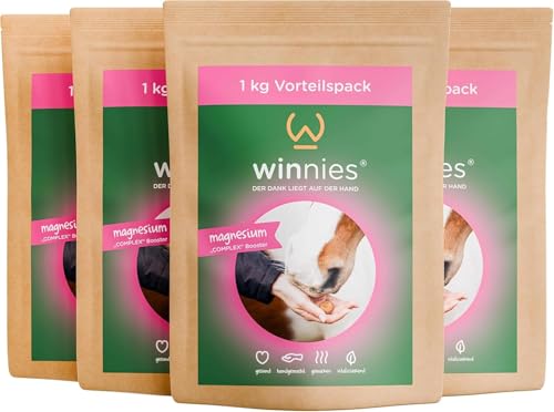 winnies Magnesium Pferde hochdosiert als leckerere Kekse - Für Muskelstoffwechsel & Gelassenheit - ADMR konform - Magnesium-Complex Pferd - Elektrolyte - 4x1kg Set von winnies