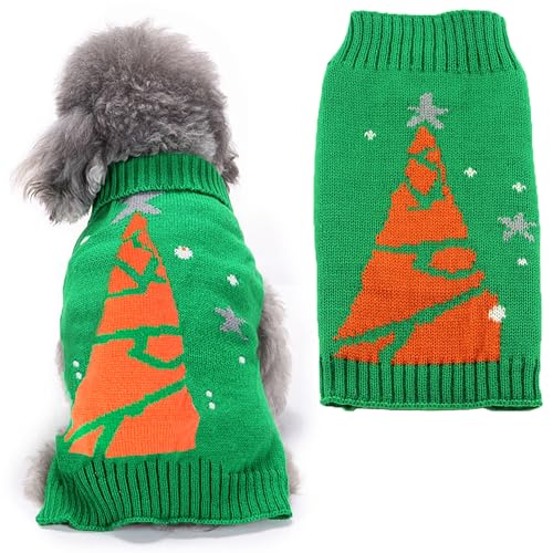 Wocharm Strickpullover für Hunde, für Welpen, Katzen, Winter, warme Kleidung, Rollkragen, Weihnachten, Rentier-Kostüm, für kleine, mittelgroße und große Hunde (Größe L, grüner Weihnachtsbaum) von wocharm