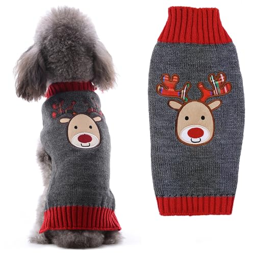 Wocharm Strickpullover für Hunde und Katzen, für den Winter, warme Kleidung, Rollkragen, Weihnachten, Rentier-Kostüm, für kleine, mittelgroße und große Hunde (S, graues Rentier) von wocharm