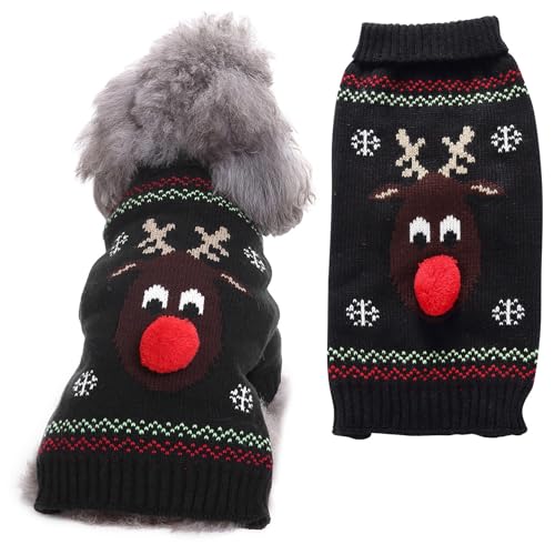 Wocharm Strickpullover für Hunde und Katzen, für den Winter, warme Kleidung, Rollkragen, Weihnachten, Rentier-Kostüm, für kleine, mittelgroße und große Hunde (S, schwarzes Rentier) von wocharm
